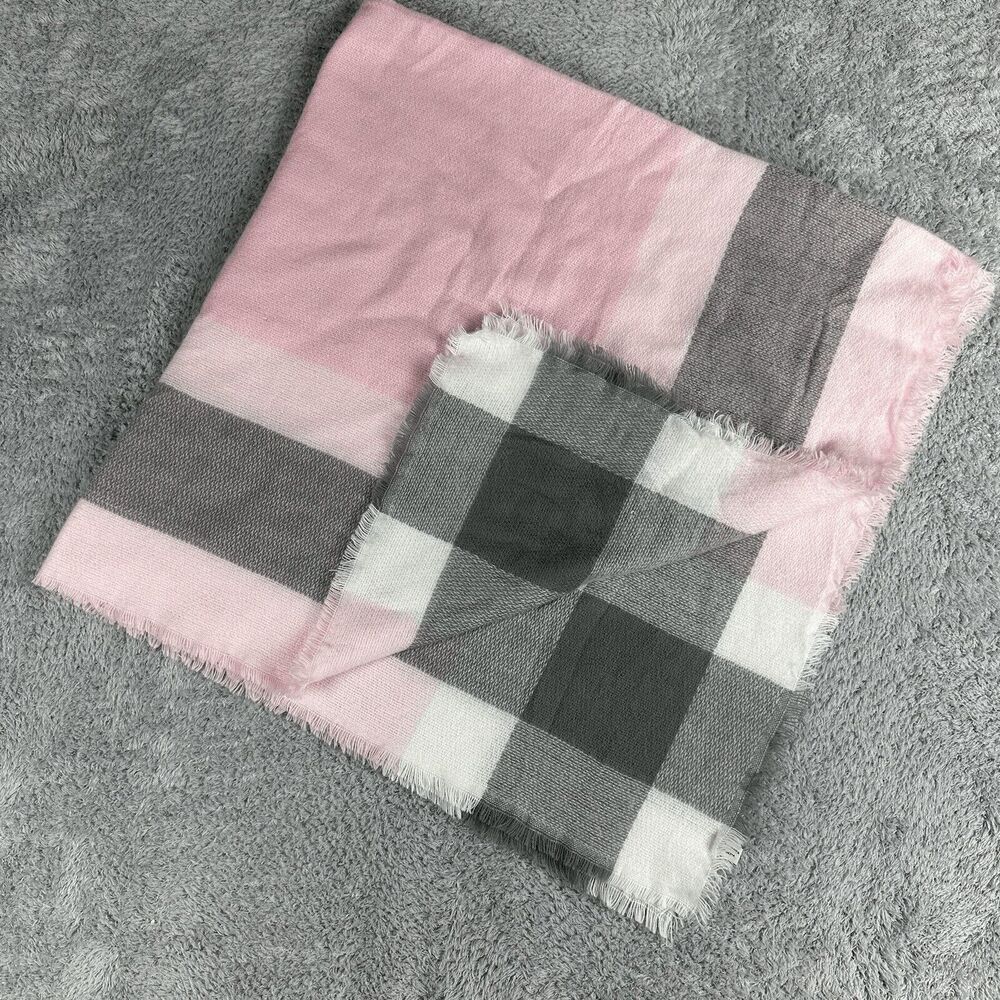 Acrylic Woven Baby Girl Baby Blanket 90's Fringe Vintage Pink White Grey Blocked